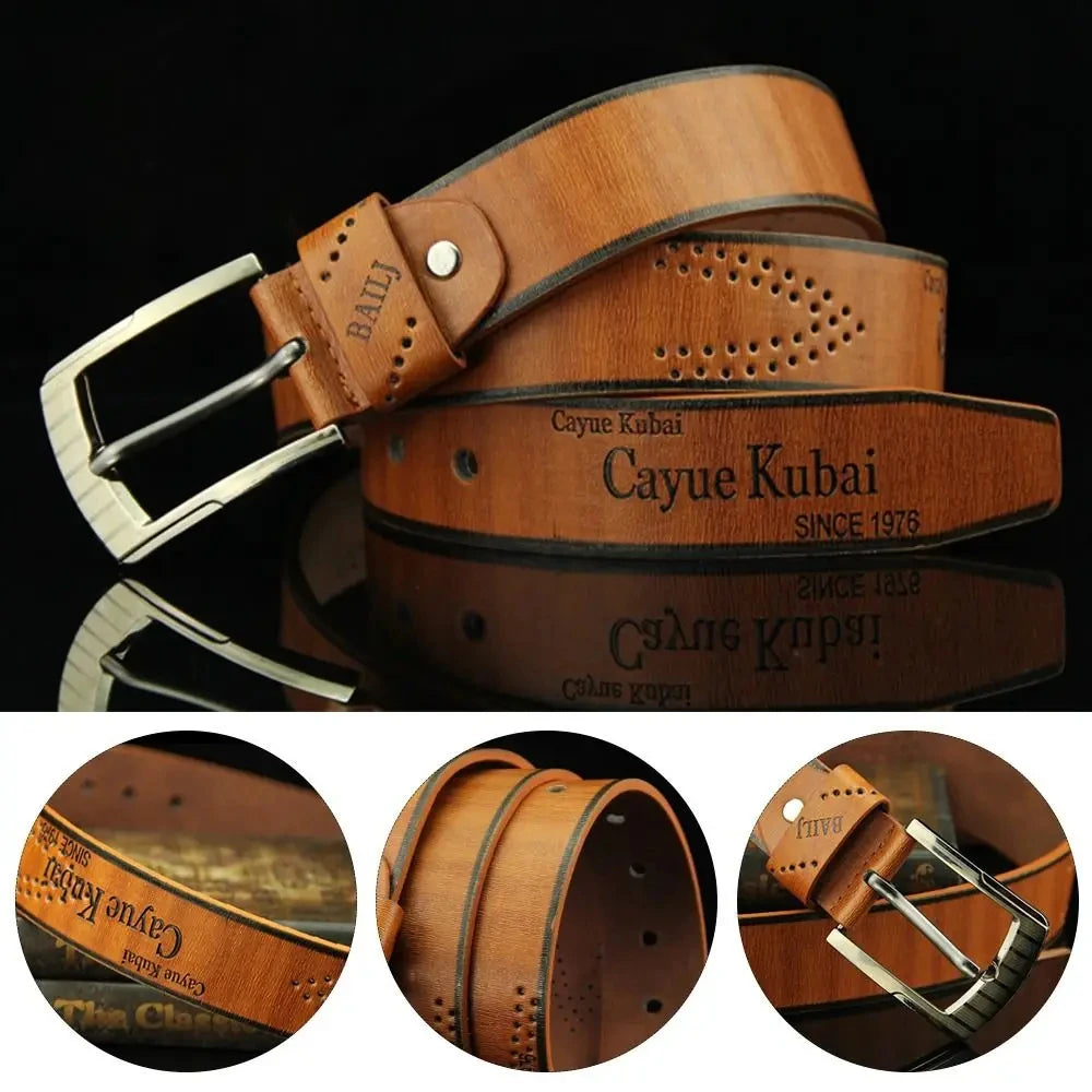 DRAVEN — Leather Belt Men Letter Print Classic Alloy Buckle