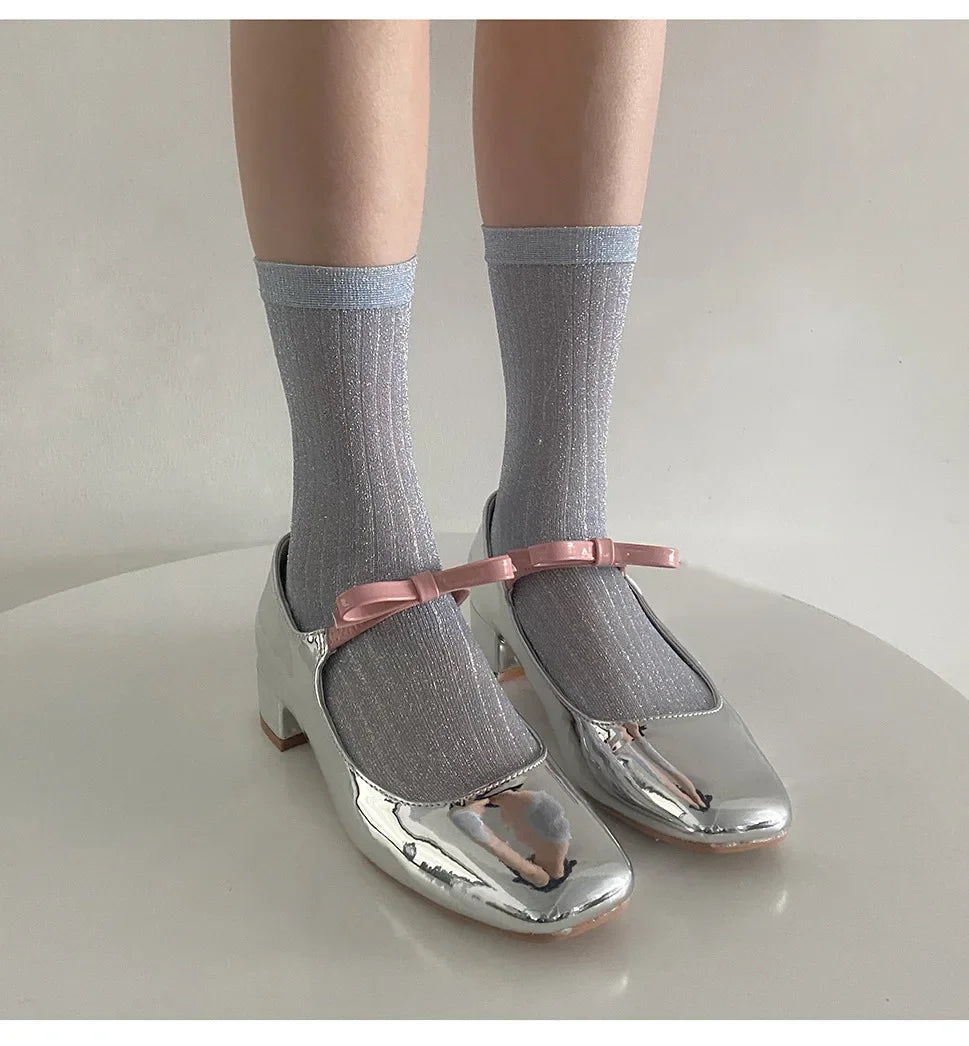 DRAVEN — Silver Silk Long Socks – Women’s Korean Street Style