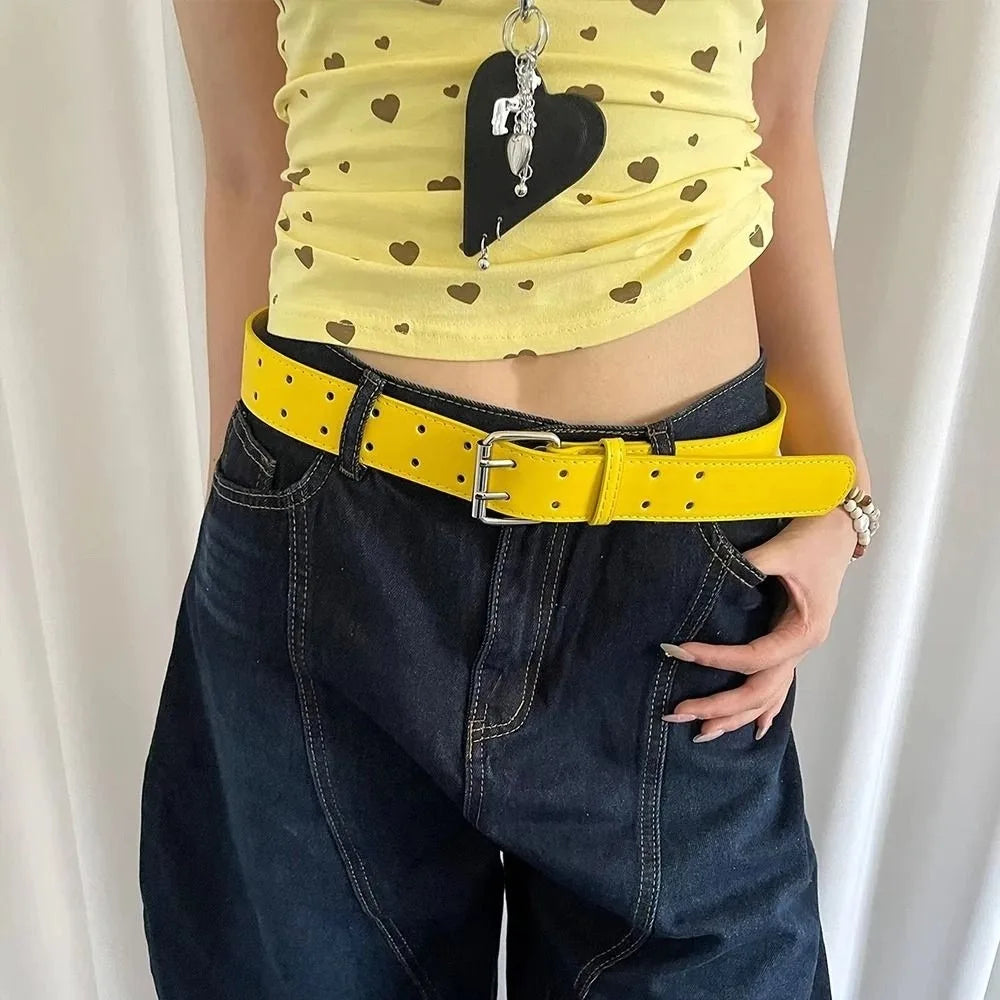 DRAVEN — Y2K Yellow Wide Belt Women Double Buckle Design