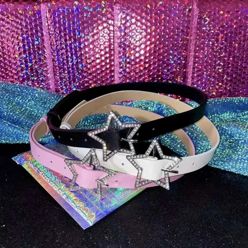 DRAVEN — Y2K Star Buckle Belt Pink Rhinestone Elastic Design