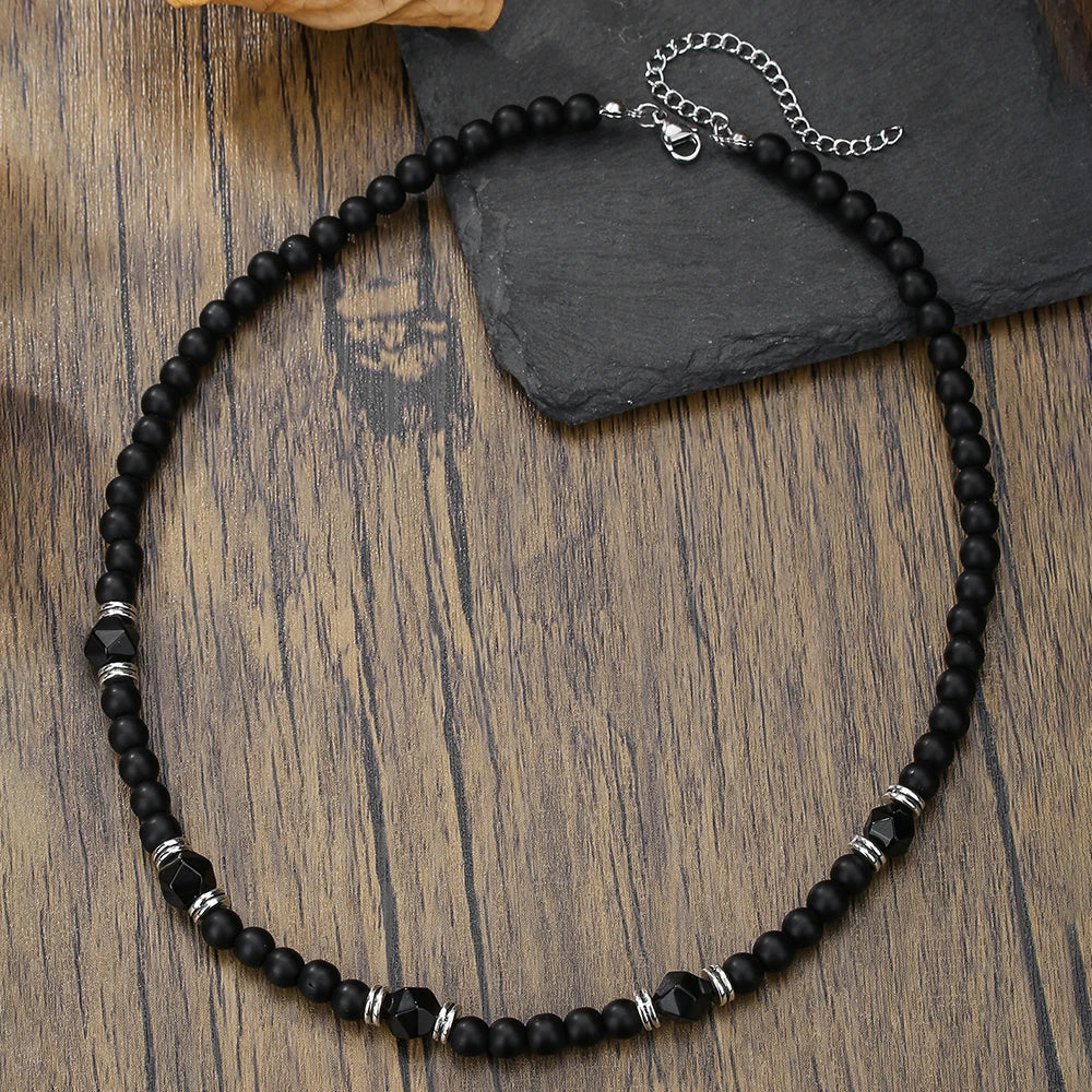 Black Agate Beaded Necklace – Punk Stainless Steel Jewelry for Men – Elegant Men's Accessory | Accessorio Uomo Elegante