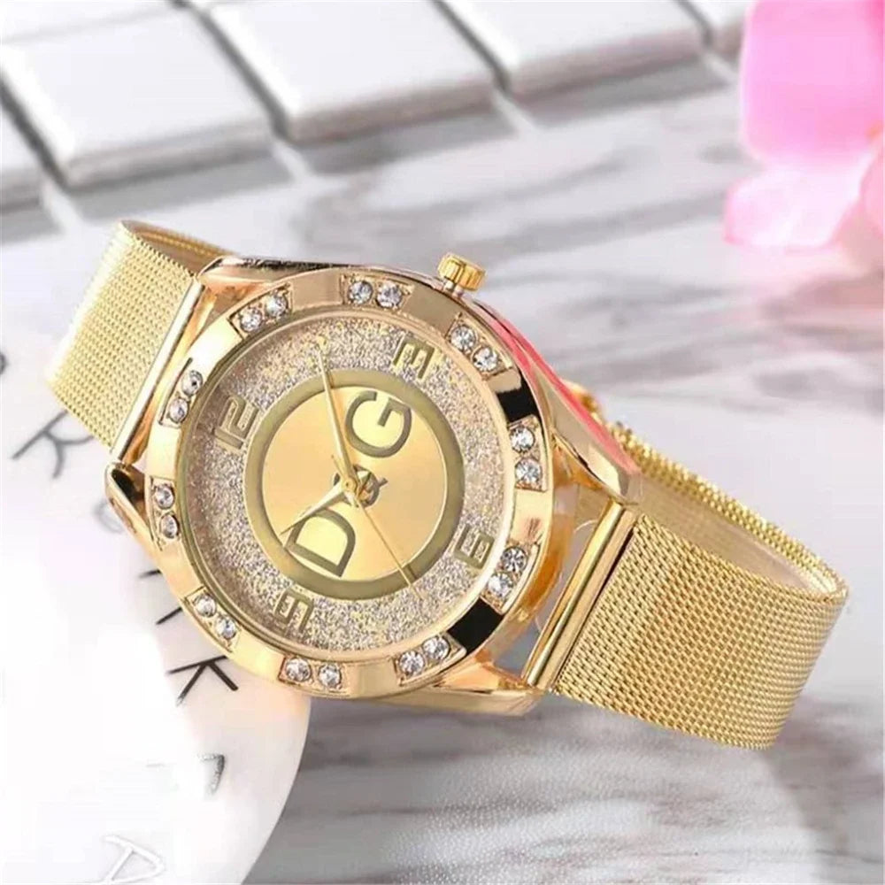 DRAVEN — Golden Radiance – 2025 Women’s Diamond Watch with Mesh Strap & Digital Design