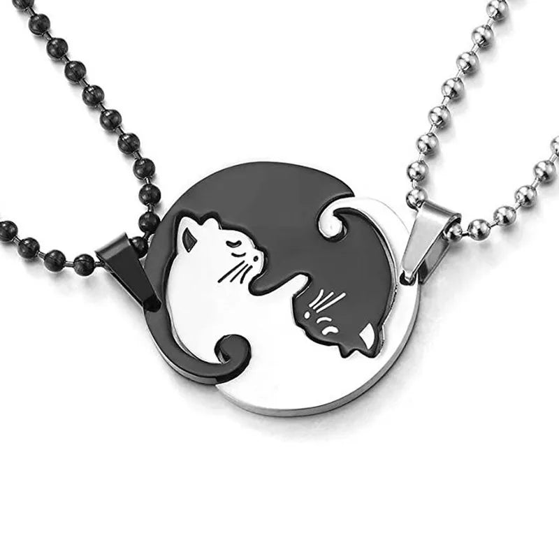 DRAVEN — Cartoon Cat Heart Couple Necklace – Cute Black Animal Pendant Jewelry