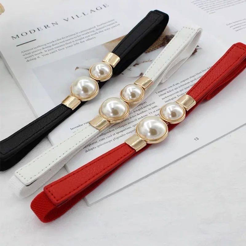 DRAVEN — Double Pearl Buckle Belt Women Elegant Thin Design