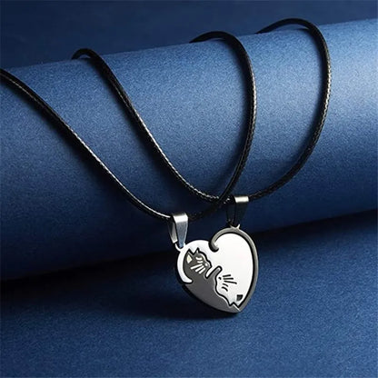 Cartoon Cat Heart Couple Necklace – Cute Black Animal Pendant Jewelry