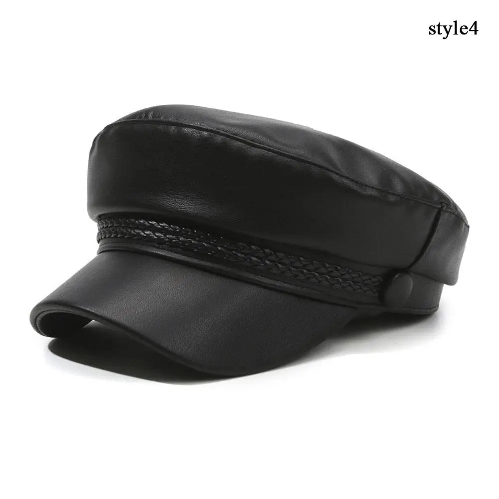 DRAVEN — Black Leather Newsboy Cap – Unisex Biker Sailor Style