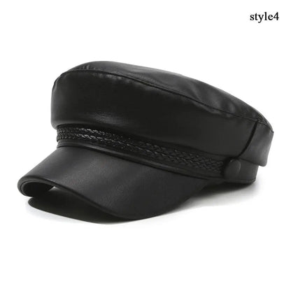 Black Leather Newsboy Cap – Unisex Biker Sailor Style
