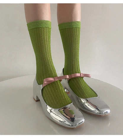 Silver Silk Long Socks – Women’s Korean Street Style