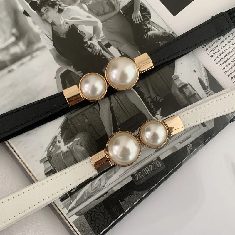 DRAVEN — Double Pearl Buckle Belt Women Elegant Thin Design