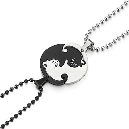 Cartoon Cat Heart Couple Necklace – Cute Black Animal Pendant Jewelry