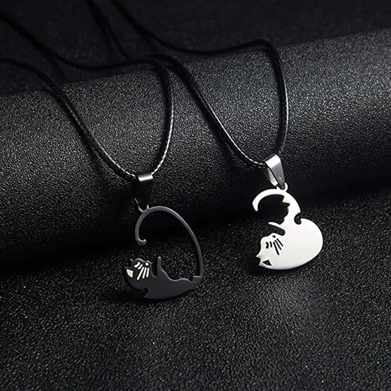 DRAVEN — Cartoon Cat Heart Couple Necklace – Cute Black Animal Pendant Jewelry