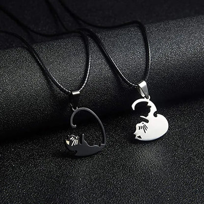 Cartoon Cat Heart Couple Necklace – Cute Black Animal Pendant Jewelry