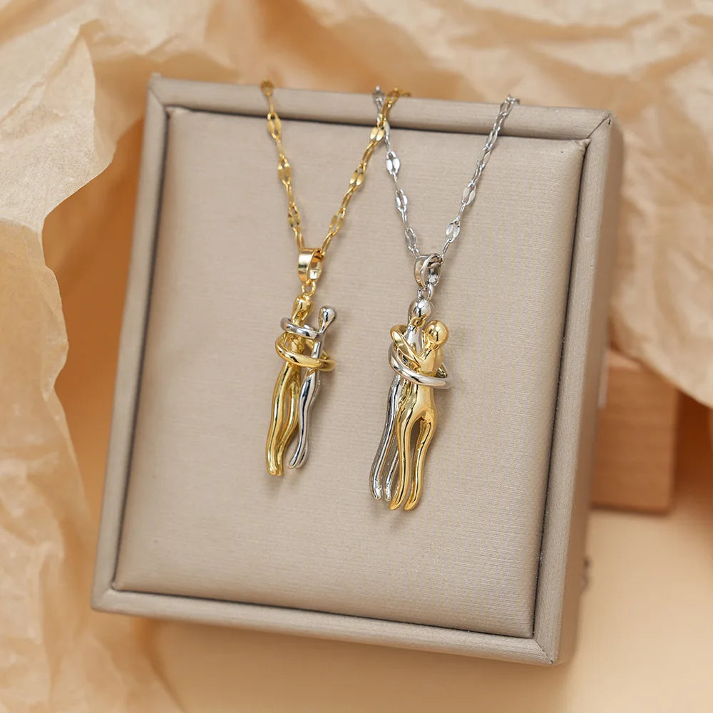 DRAVEN — Hugging Couple Pendant Necklace – Stainless Steel Love Jewelry for Men and Women