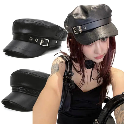 Black Leather Newsboy Cap – Unisex Biker Sailor Style