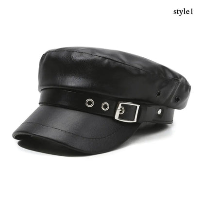 Black Leather Newsboy Cap – Unisex Biker Sailor Style