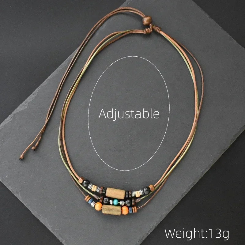DRAVEN — Layered Leather Rope Necklace – Vintage Wood Pendant Jewelry for Men