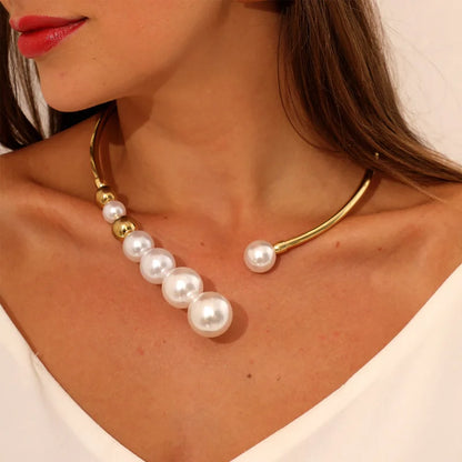 Exaggerated Pearl Necklace – Golden Bead Open Collar Jewelry for Women