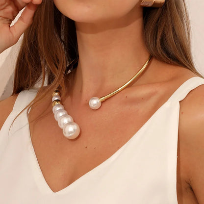 Exaggerated Pearl Necklace – Golden Bead Open Collar Jewelry for Women