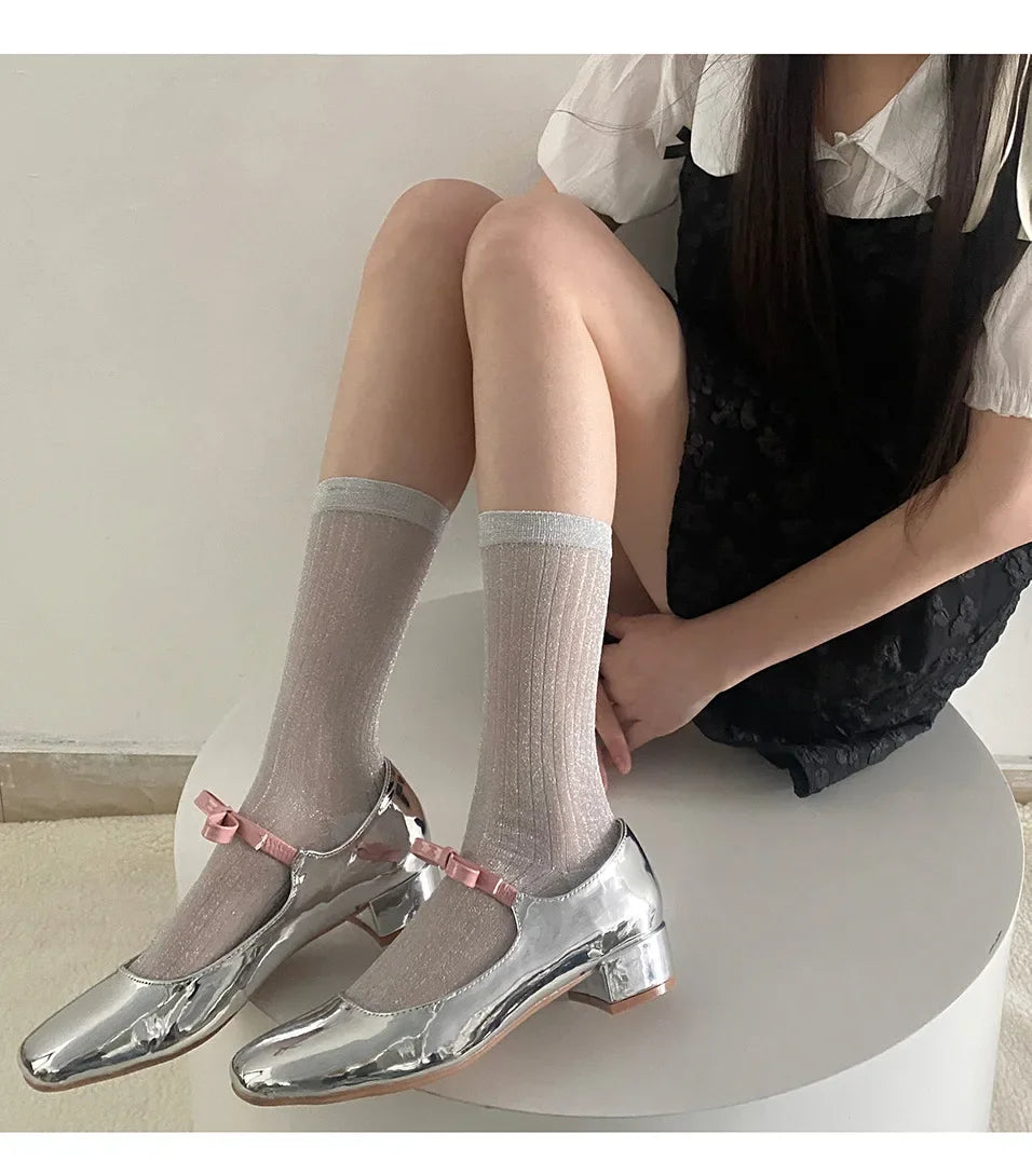 Silver Silk Crew Socks – Women’s Korean Street Style – Elegant Men's Accessory | Accessorio Uomo Elegante