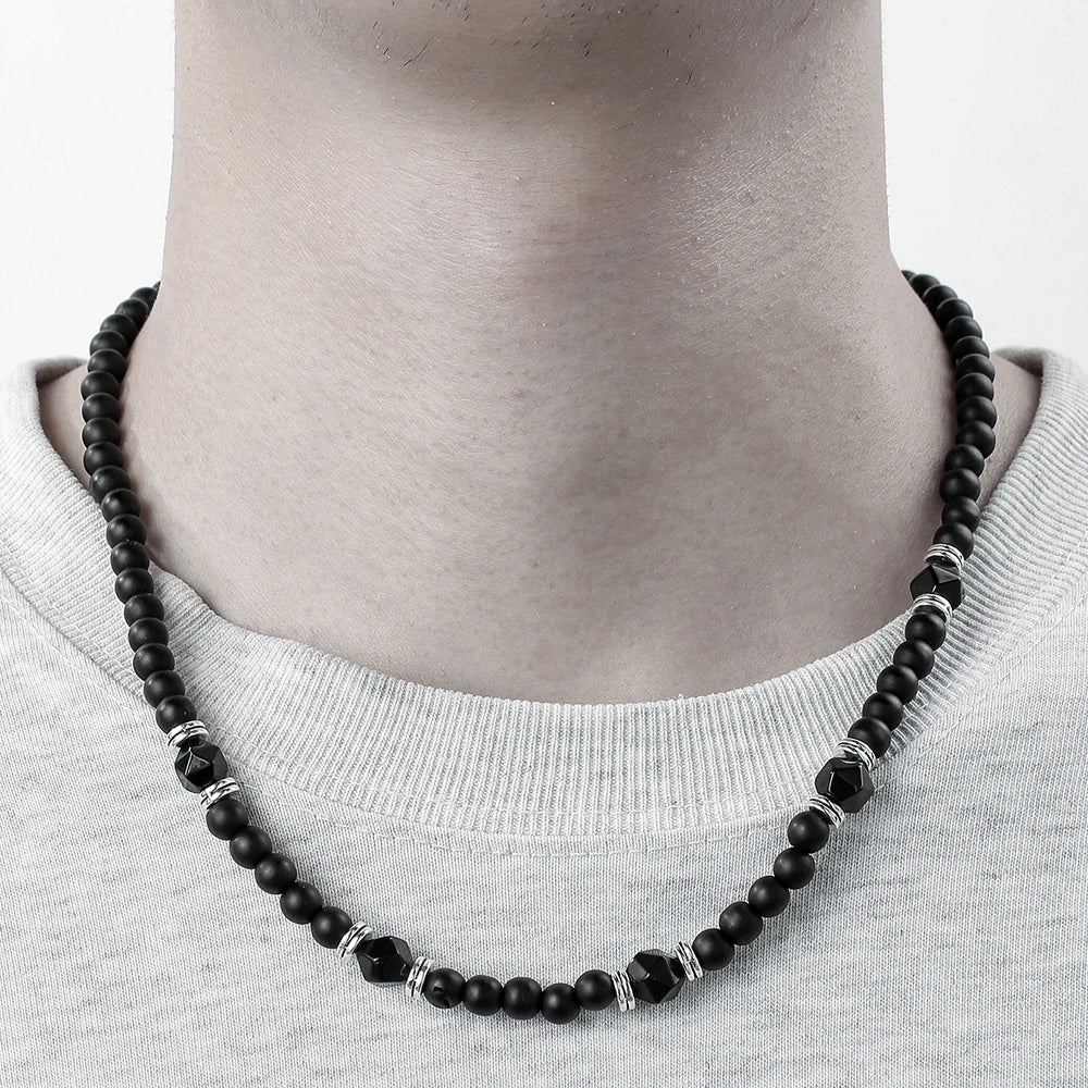 DRAVEN — Black Agate Beaded Necklace – Punk Stainless Steel Jewelry for Men