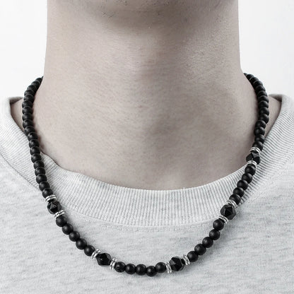 Black Agate Beaded Necklace – Punk Stainless Steel Jewelry for Men – Elegant Men's Accessory | Accessorio Uomo Elegante
