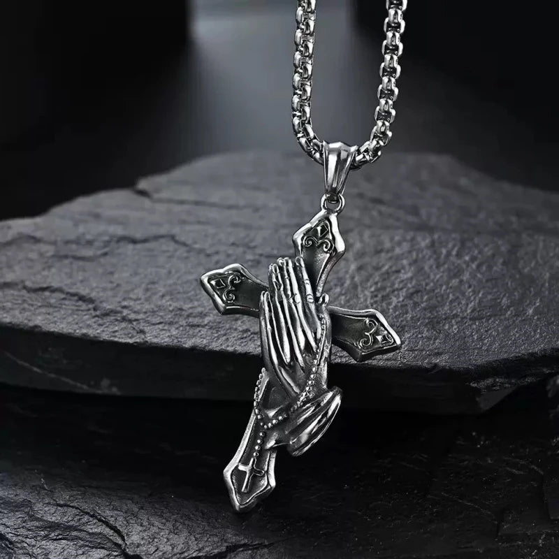 Men’s Retro Prayer Hand Necklace – Stainless Steel Cross Pendant Jewelry – Elegant Men's Accessory | Accessorio Uomo Elegante