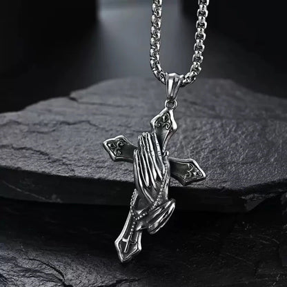 Men’s Retro Prayer Hand Necklace – Stainless Steel Cross Pendant Jewelry – Elegant Men's Accessory | Accessorio Uomo Elegante