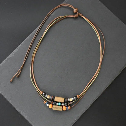 Layered Leather Rope Necklace – Vintage Wood Pendant Jewelry for Men – Elegant Men's Accessory | Accessorio Uomo Elegante