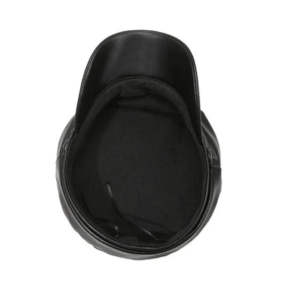 Black Leather Newsboy Cap – Unisex Biker Sailor Style