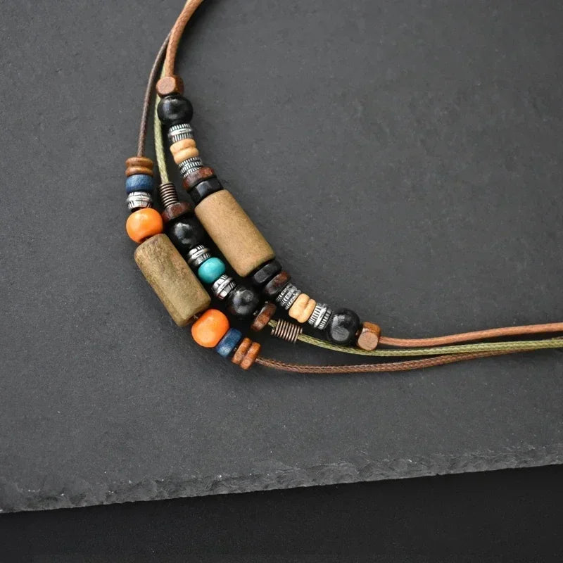 DRAVEN — Layered Leather Rope Necklace – Vintage Wood Pendant Jewelry for Men