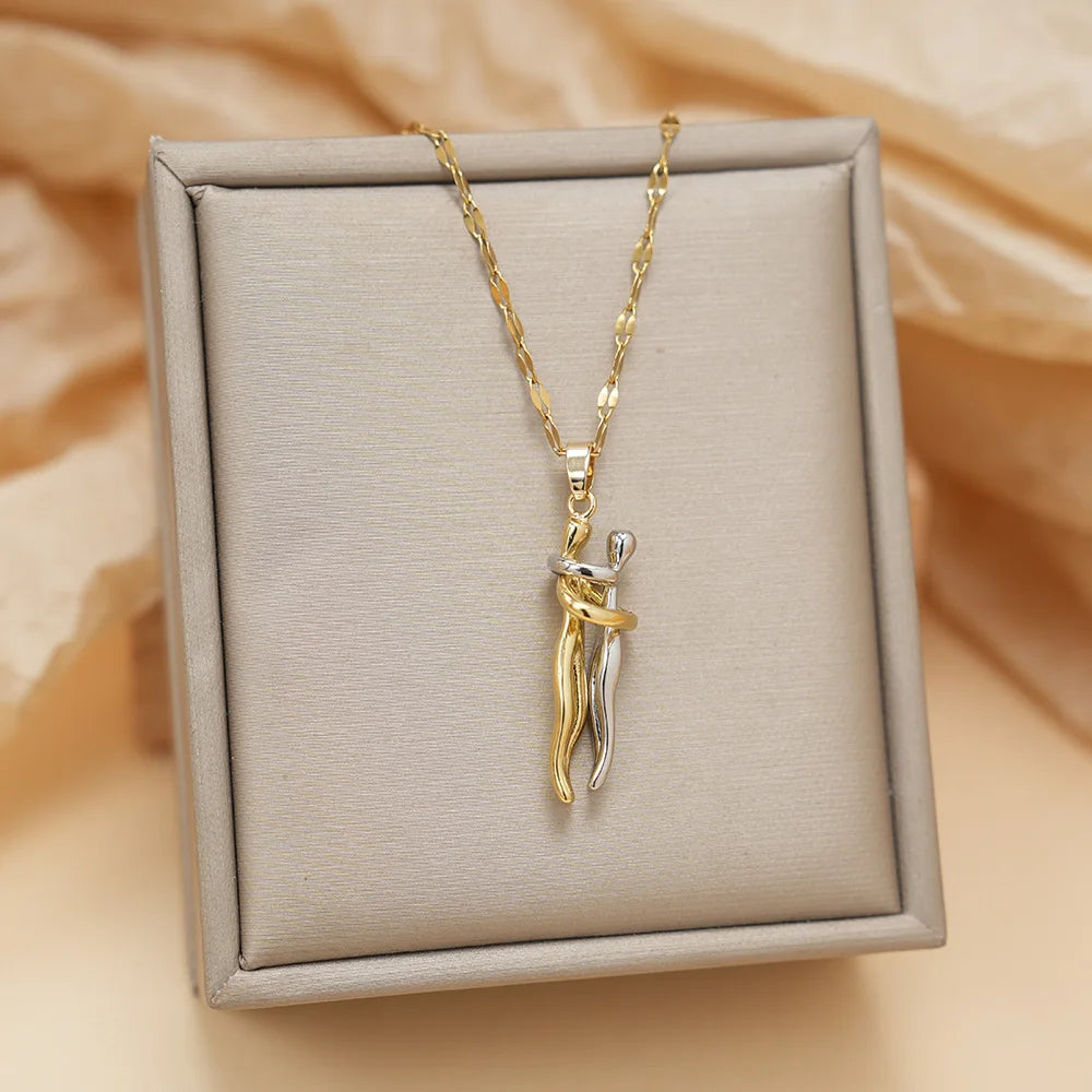 DRAVEN — Hugging Couple Pendant Necklace – Stainless Steel Love Jewelry for Men and Women