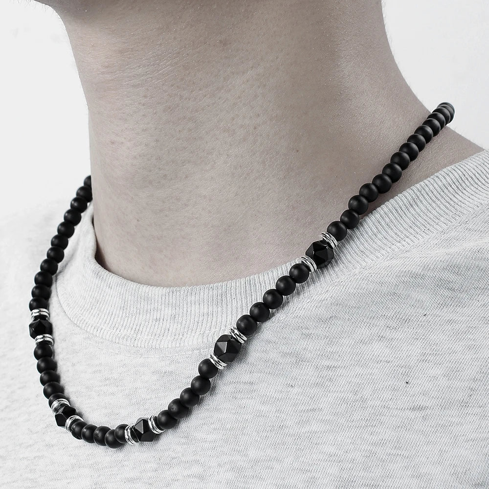 DRAVEN — Black Agate Beaded Necklace – Punk Stainless Steel Jewelry for Men
