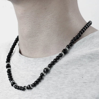 Black Agate Beaded Necklace – Punk Stainless Steel Jewelry for Men – Elegant Men's Accessory | Accessorio Uomo Elegante
