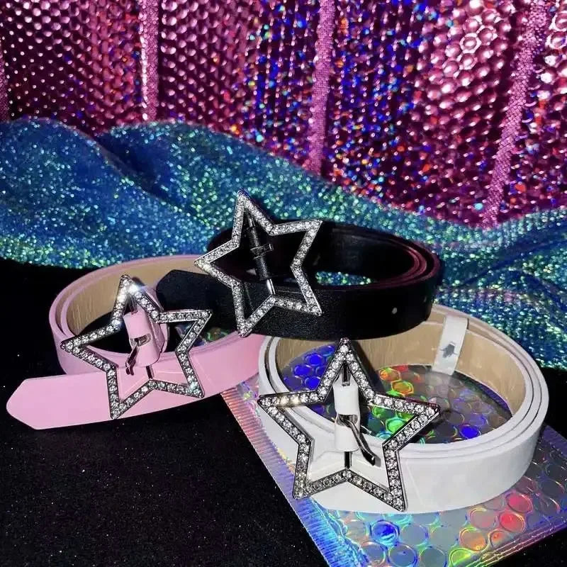 DRAVEN — Y2K Star Buckle Belt Pink Rhinestone Elastic Design