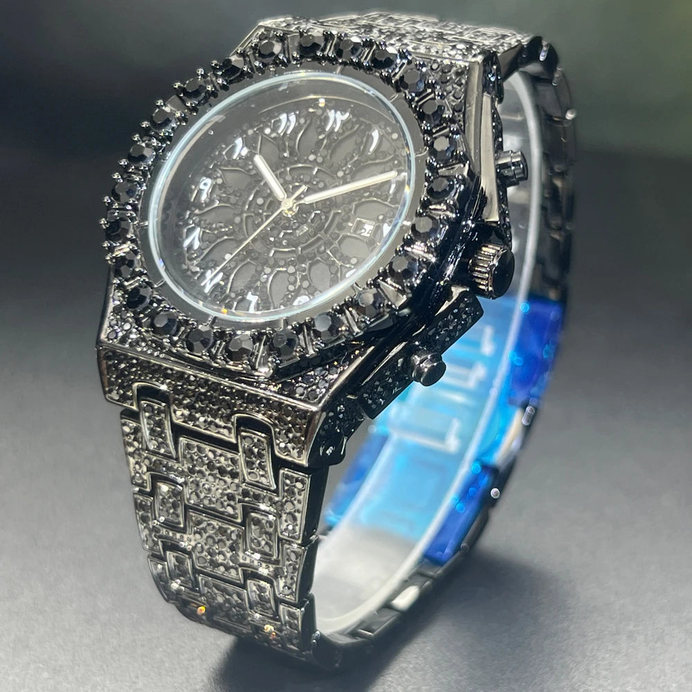 Midnight Shine – 2025 Men’s Black Steel Watch with Crystal Detailing – Elegant Men's Accessory | Accessorio Uomo Elegante