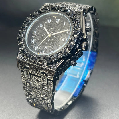 Midnight Shine – 2025 Men’s Black Steel Watch with Crystal Detailing – Elegant Men's Accessory | Accessorio Uomo Elegante