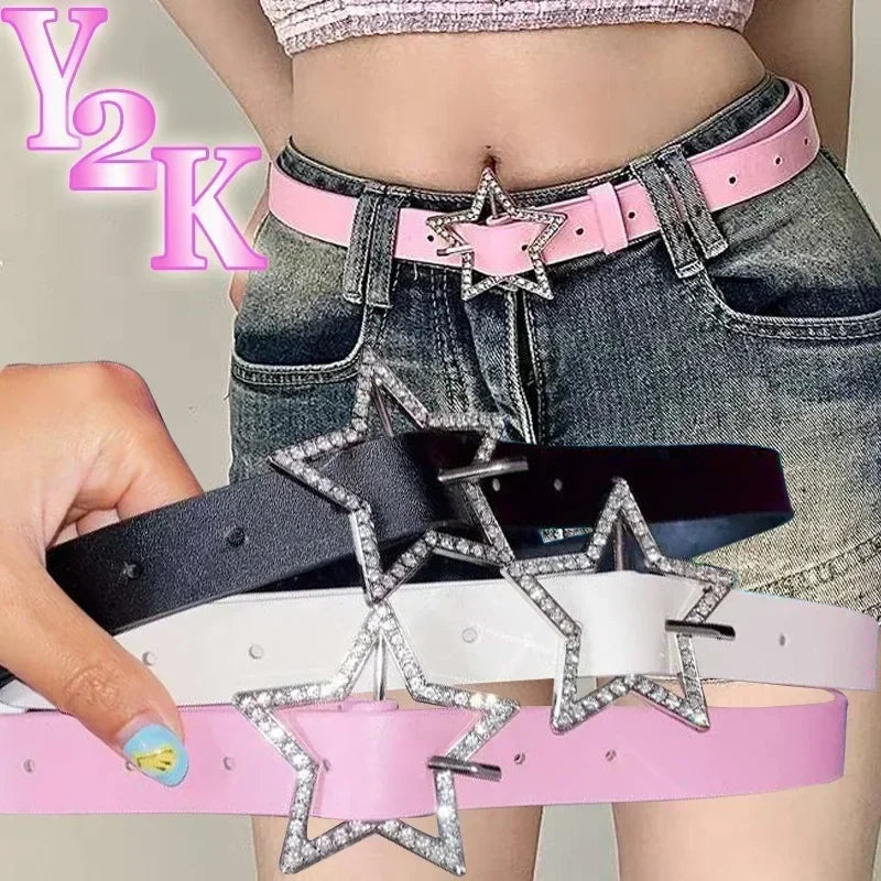 DRAVEN — Y2K Star Buckle Belt Pink Rhinestone Elastic Design
