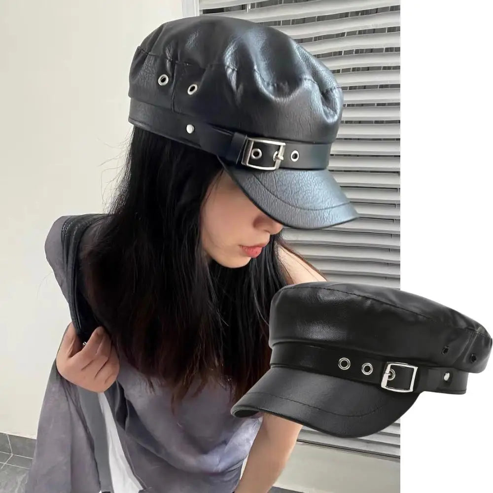 DRAVEN — Black Leather Newsboy Cap – Unisex Biker Sailor Style