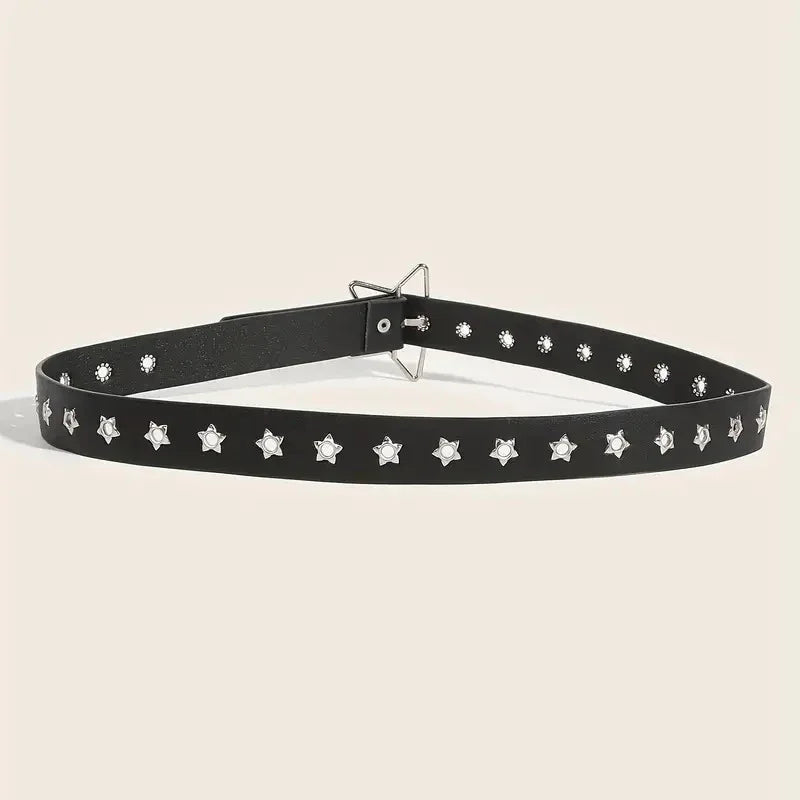 Y2K Punk Star Rivet Belt Unisex Black PU Leather – Elegant Men's Accessory | Accessorio Uomo Elegante