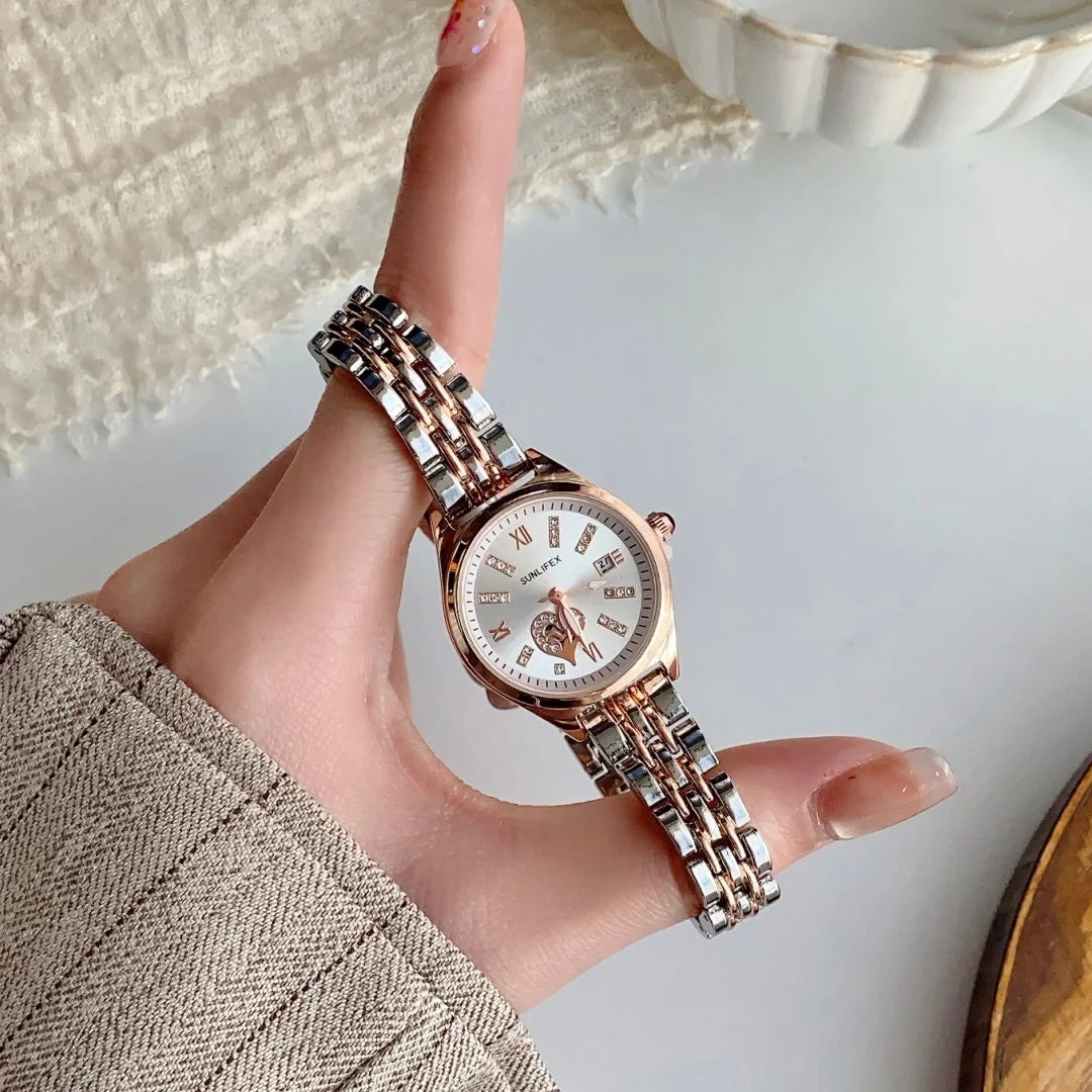 DRAVEN — Golden Harmony – Women’s Rose Gold Watch with Date Display & Steel Strap