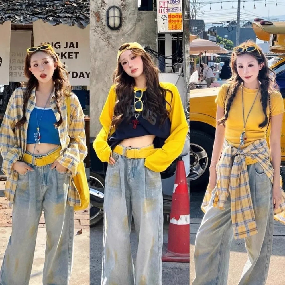 DRAVEN — Y2K Yellow Wide Belt Women Double Buckle Design