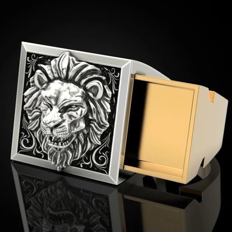 Retro Lion Head Secret Box Ring – Elegant Men's Accessory | Accessorio Uomo Elegante