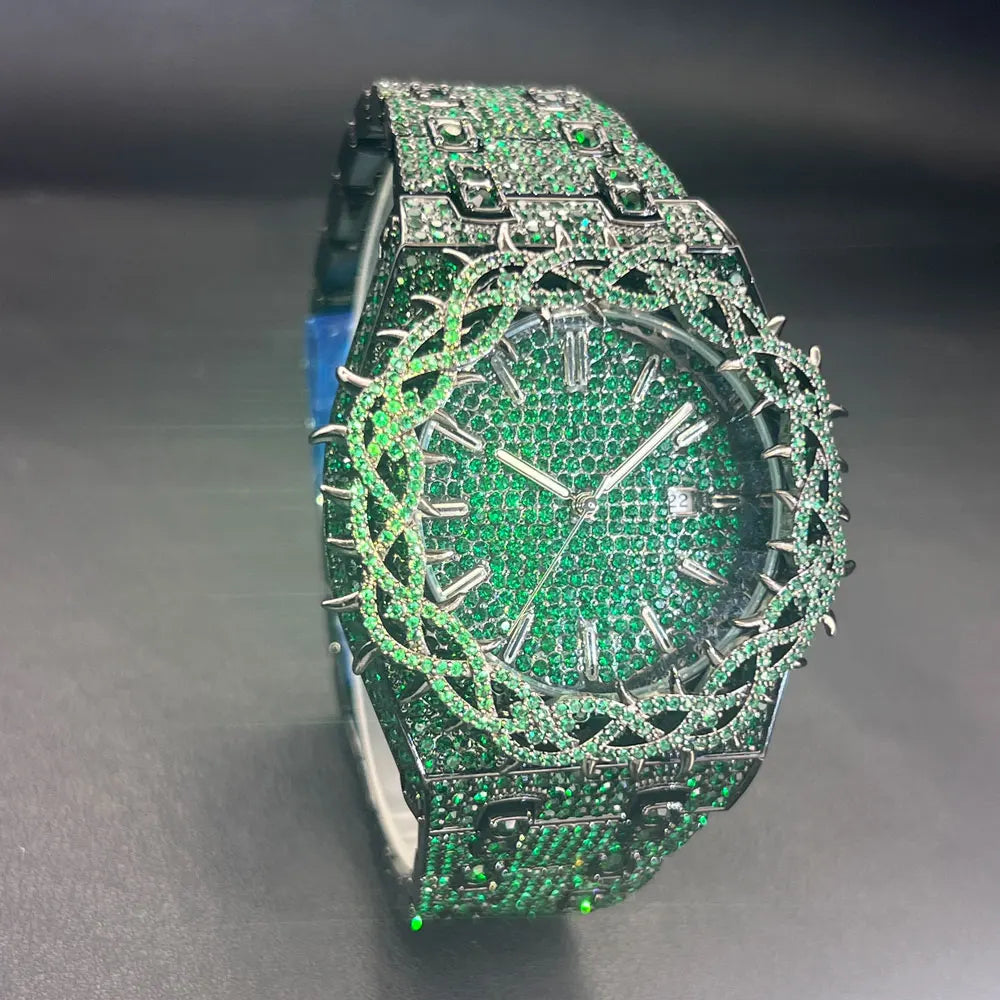Emerald Bloom – Men’s Green Diamond Watch with Zircon Flower Case – Elegant Men's Accessory | Accessorio Uomo Elegante