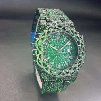 Emerald Bloom – Men’s Green Diamond Watch with Zircon Flower Case – Elegant Men's Accessory | Accessorio Uomo Elegante