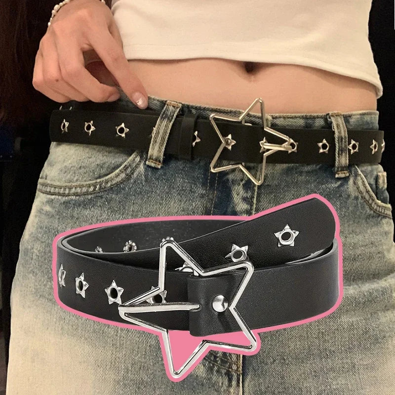DRAVEN — Y2K Punk Star Rivet Belt Unisex Black PU Leather