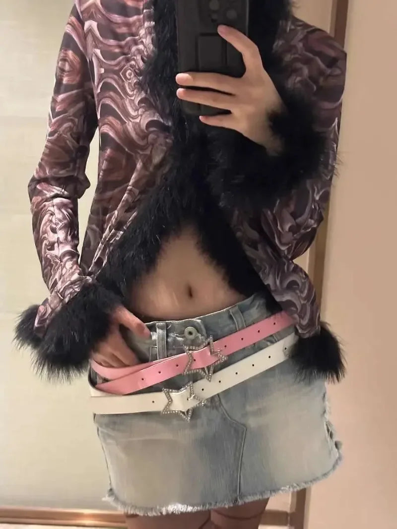 DRAVEN — Y2K Star Buckle Belt Pink Rhinestone Elastic Design