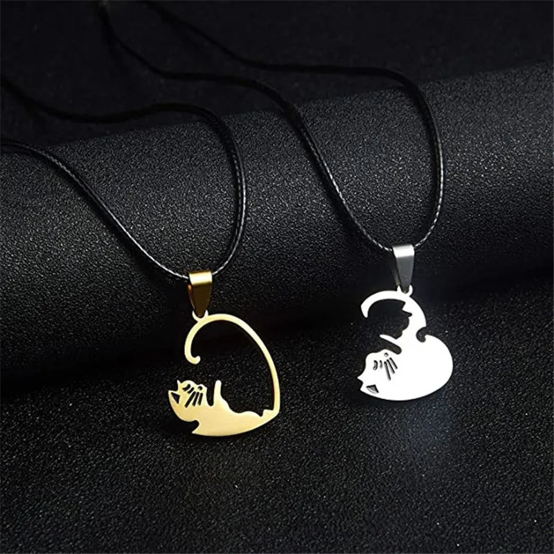 DRAVEN — Cartoon Cat Heart Couple Necklace – Cute Black Animal Pendant Jewelry