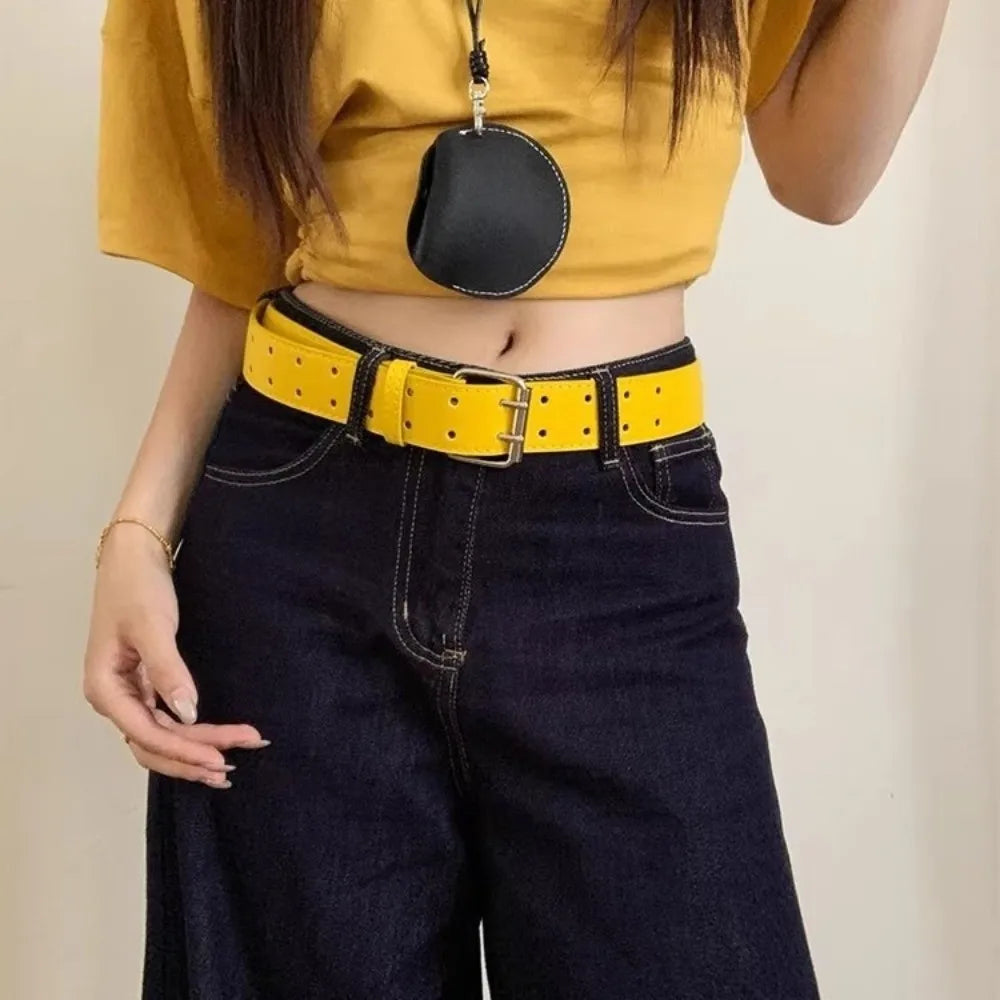 Y2K Yellow Wide Belt Women Double Buckle Design – Elegant Men's Accessory | Accessorio Uomo Elegante