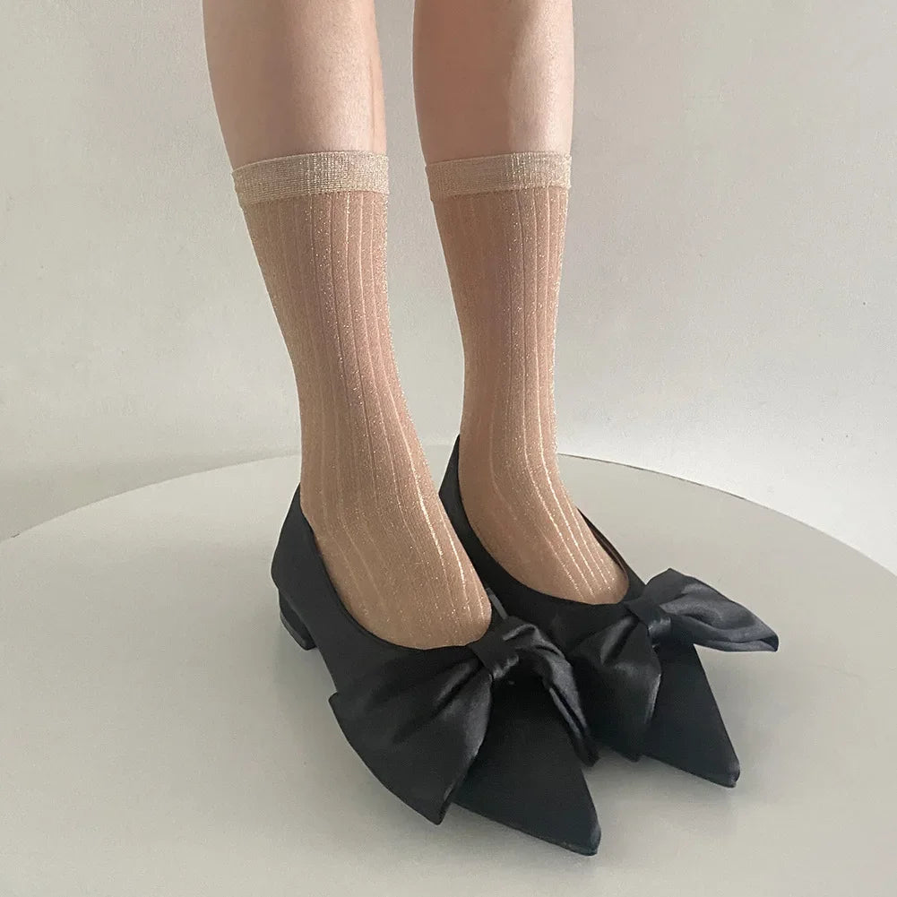 DRAVEN — Silver Silk Long Socks – Women’s Korean Street Style