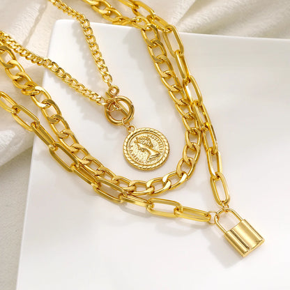 3PCS Layered Gold Necklace Set – Vintage Embossed Round & Lock Pendants